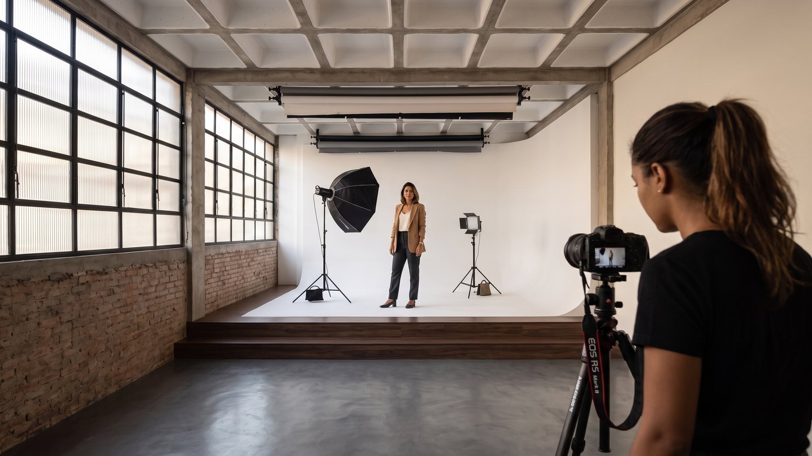 Sessão de fotos acontecendo no GOOGH Studio, com modelo no fundo infinito e fotógrafa em primeiro plano